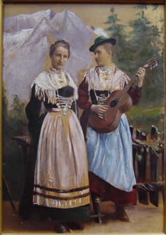 Elisabeth Jankowsky, geb. Lemke, links, mit ihrer Schwester Marie Bock, geb. Lemke, Foto mit Ölfarben übermalt