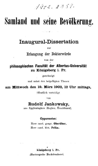 Inaugural-Dissertation: Samland und seine Bevölkerung von Rudolf Jankowsky, Seite 1