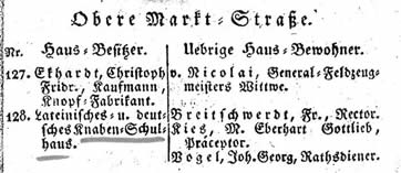 Ausschnitt aus dem Adressbuch von Ludwigsburg 1819 