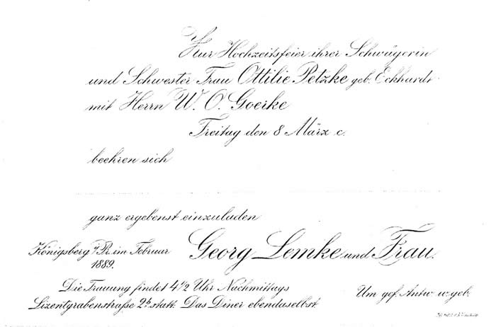 Einladung zur Hochzeit von Ottilie Petzke, geb. Eckhardt mit W.O. Goerke